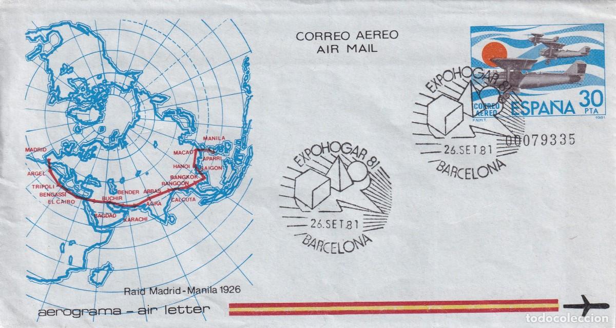 Stamps: Aerograma Espa&ntilde;a 1981 - Raid Madrid-Manila 1926 - Correo a&eacute;reo - Air mail - Expohogar 81