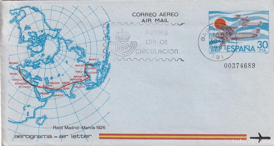 Stamps: Aerograma Espa&ntilde;a 1981 - Raid Madrid-Manila 1926 - Correo a&eacute;reo - Air mail - Primer d&iacute;a circulaci&oacute;n