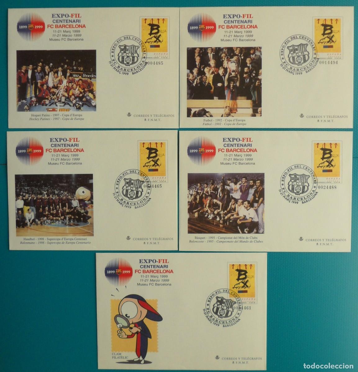 Sellos: 1999-ESPA&Ntilde;A-SOBRES ENTERO POSTALES-VER FOTO-N&ordm;52-CENTENARIO DEL F.C.BARCELONA(5 SOBRES DIFERENTES)