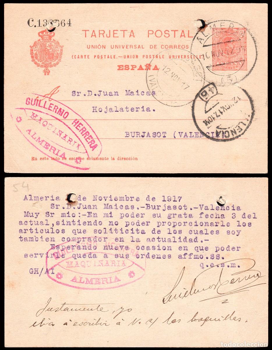 Sellos: Almer&iacute;a - Edi o EP 53 - Entero postal Mat &rdquo;Almer&iacute;a&rdquo; + varias marcas a Burjasot