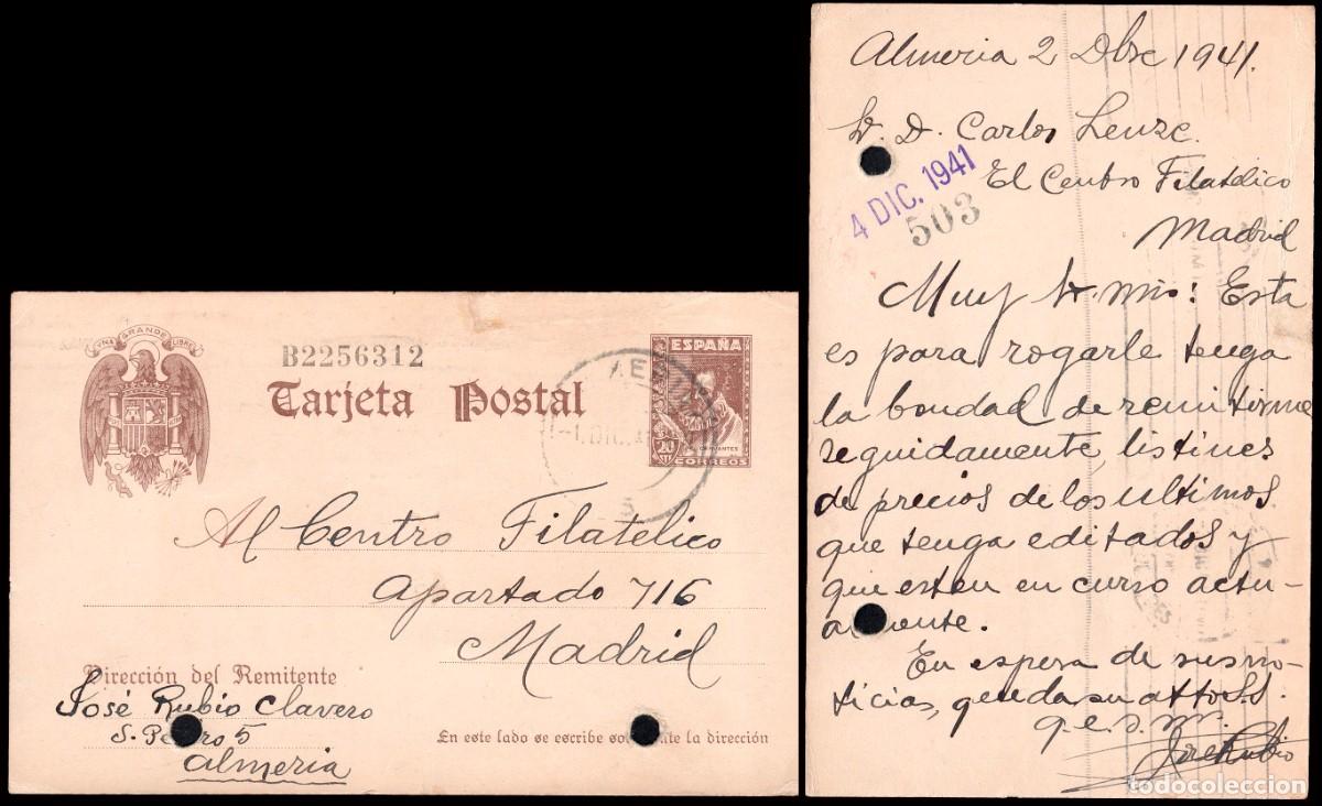 Sellos: Almer&iacute;a - Edi o EP 86 - Entero postal Mat &rdquo;Almer&iacute;a 2/12/41&rdquo; a Madrid - Taladro empresa