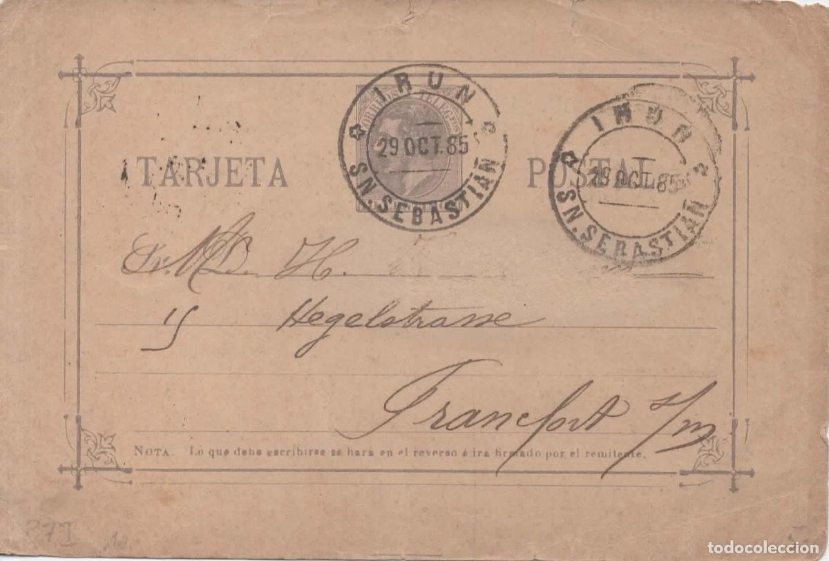 Sellos: IRUN GUIPUZCOA ENTERO POSTAL ALFONSO XII 1885 PUBLICIDAD FRANCISCO IGLESIAS AGENCIA ADUANAS