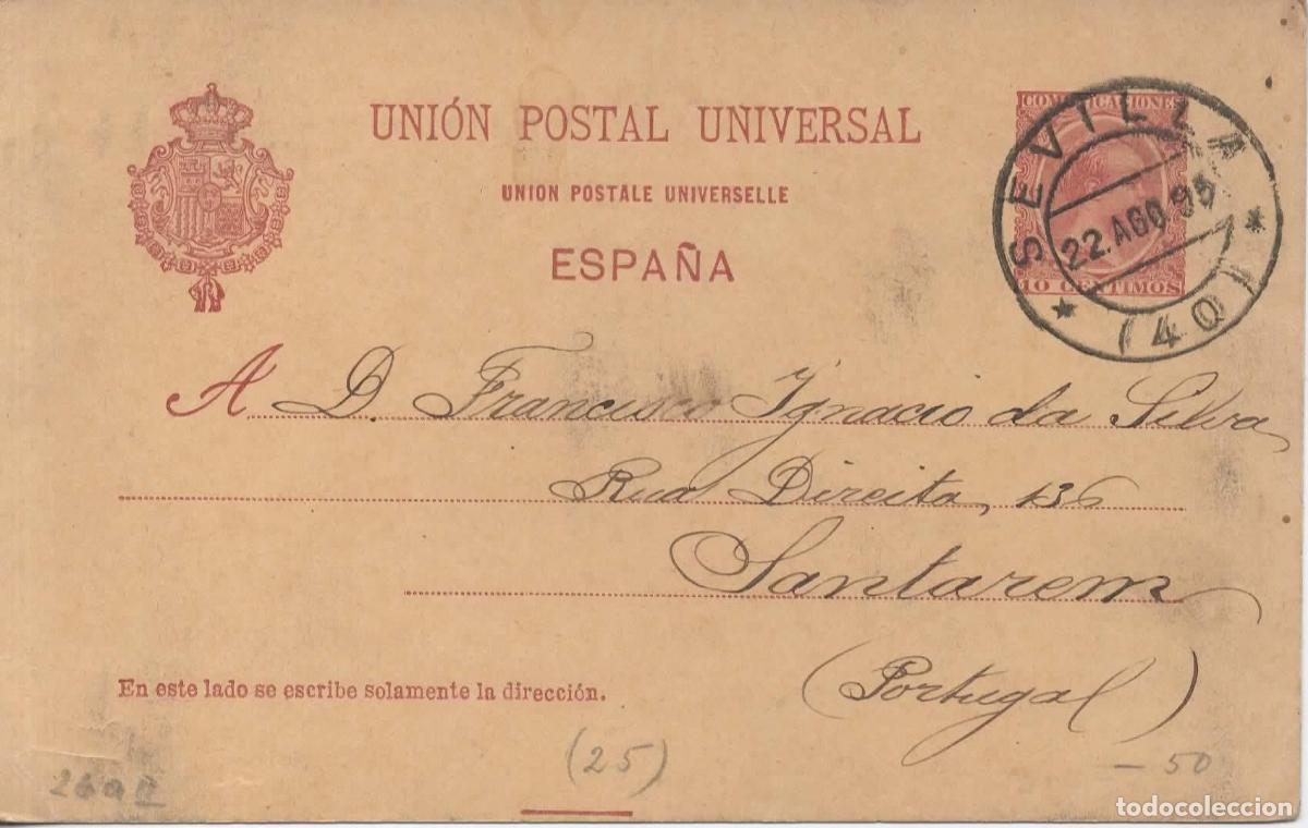 Sellos: SEVILLA ENTERO POSTAL ALFONSO XIII A PORTUGAL SANTAREM 1895