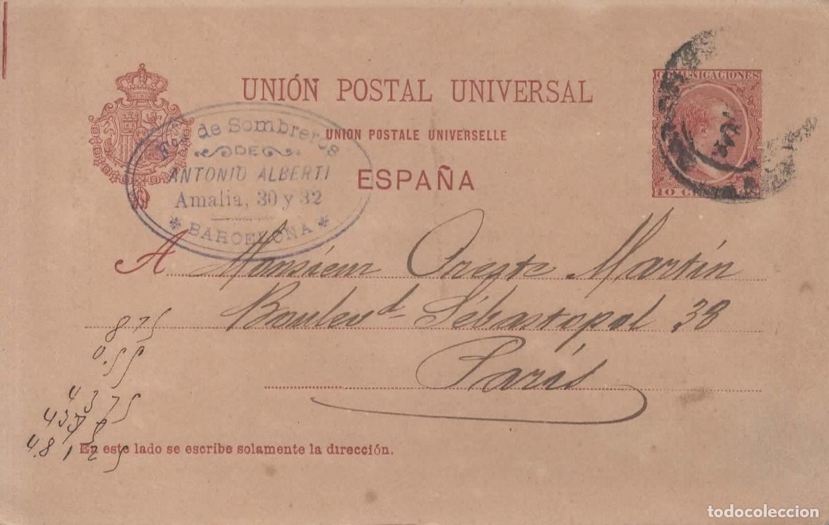 Sellos: BARCELONA ENTERO POSTAL ALFONSO XIII PELON A PARIS 1894