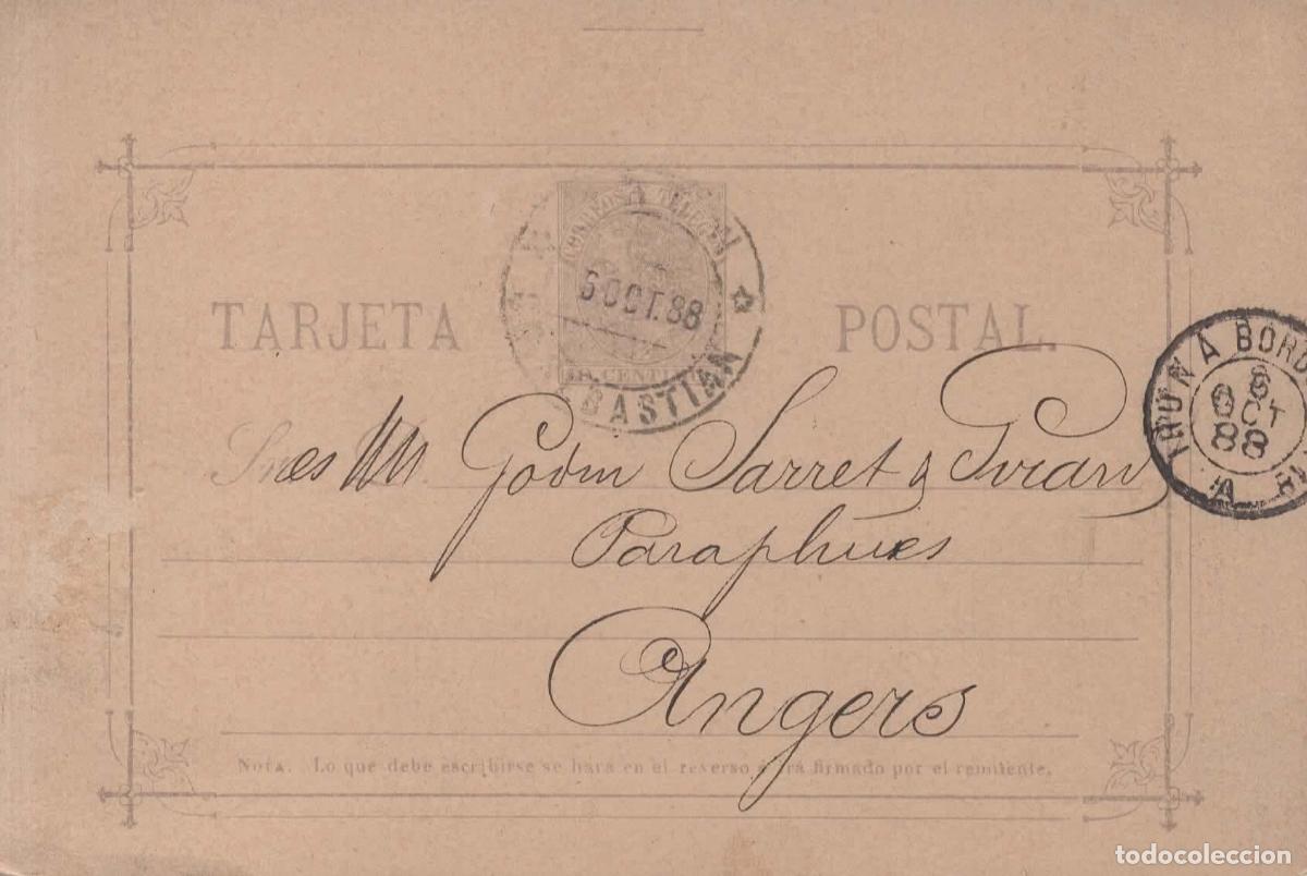 Sellos: IRUN GUIPUZCOa ENTERO POSTAL ALFONSO XII A ANGERS AMBULANTE IRUN A BORDEAUX