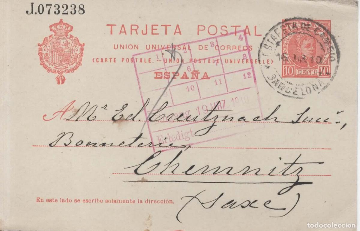 Sellos: BARCELONA ENTERO POSTAL ALFONSO XIII A CHEMNITZ 1910