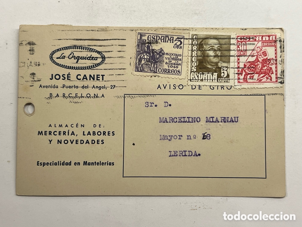 Sellos: BARCELONA, La Orquidea ALMAC&Eacute;N DE: MERCER&Iacute;A.. Circulada Lerida, MARCELINO MIARNAU (a.1949)