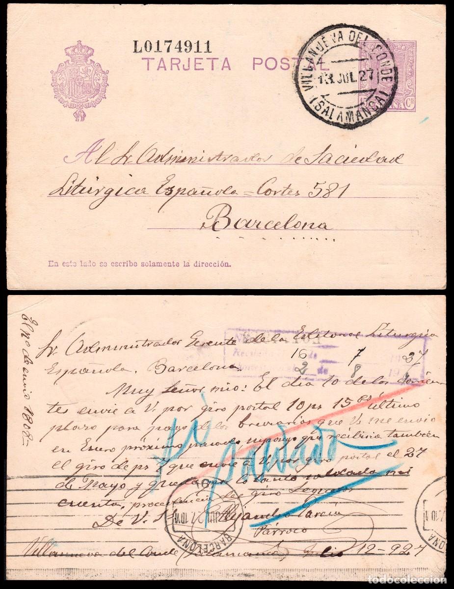 Sellos: Salamanca - Edi o EP 57 - Entero postal Mat &rdquo;Villanueva del Conde 13/Jul./27&rdquo;