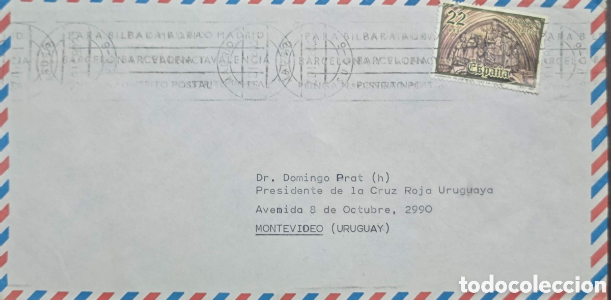 Sellos: CA)Espa&ntilde;a + 1990s + Airmail + International envelope bordered in red‑white‑blue stripes, franked wit