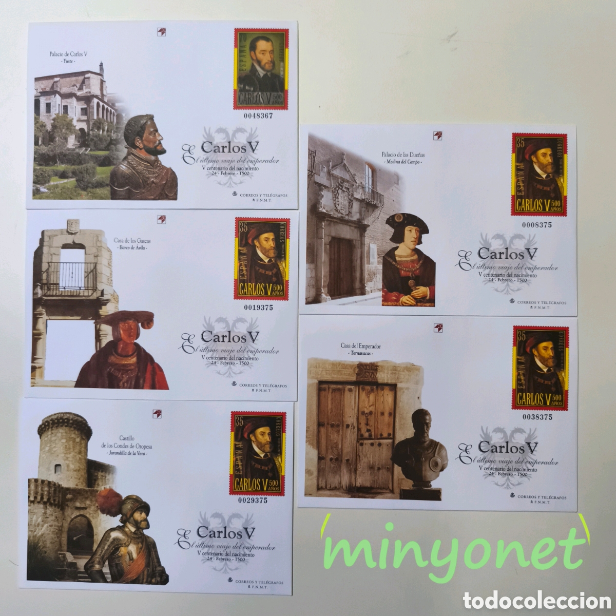 Sellos: 5 sobres Entero postales de 2000 V Centenario nacimiento Carlos V