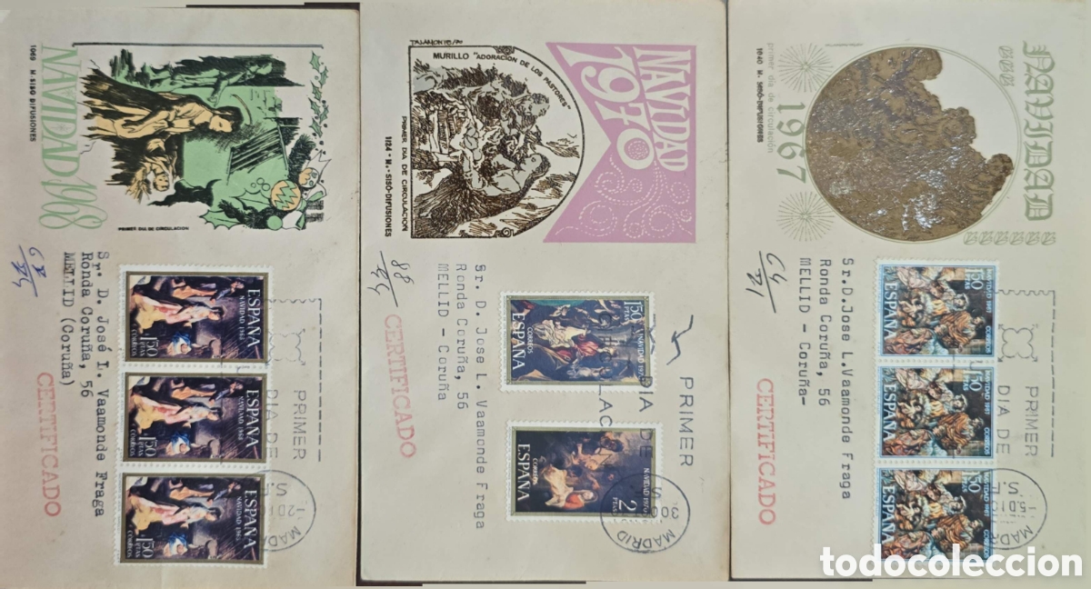 Sellos: CA)Spain + 1967&ndash;1970 + Christmas First Day Covers + Set of Spanish philatelic envelopes commemoratin