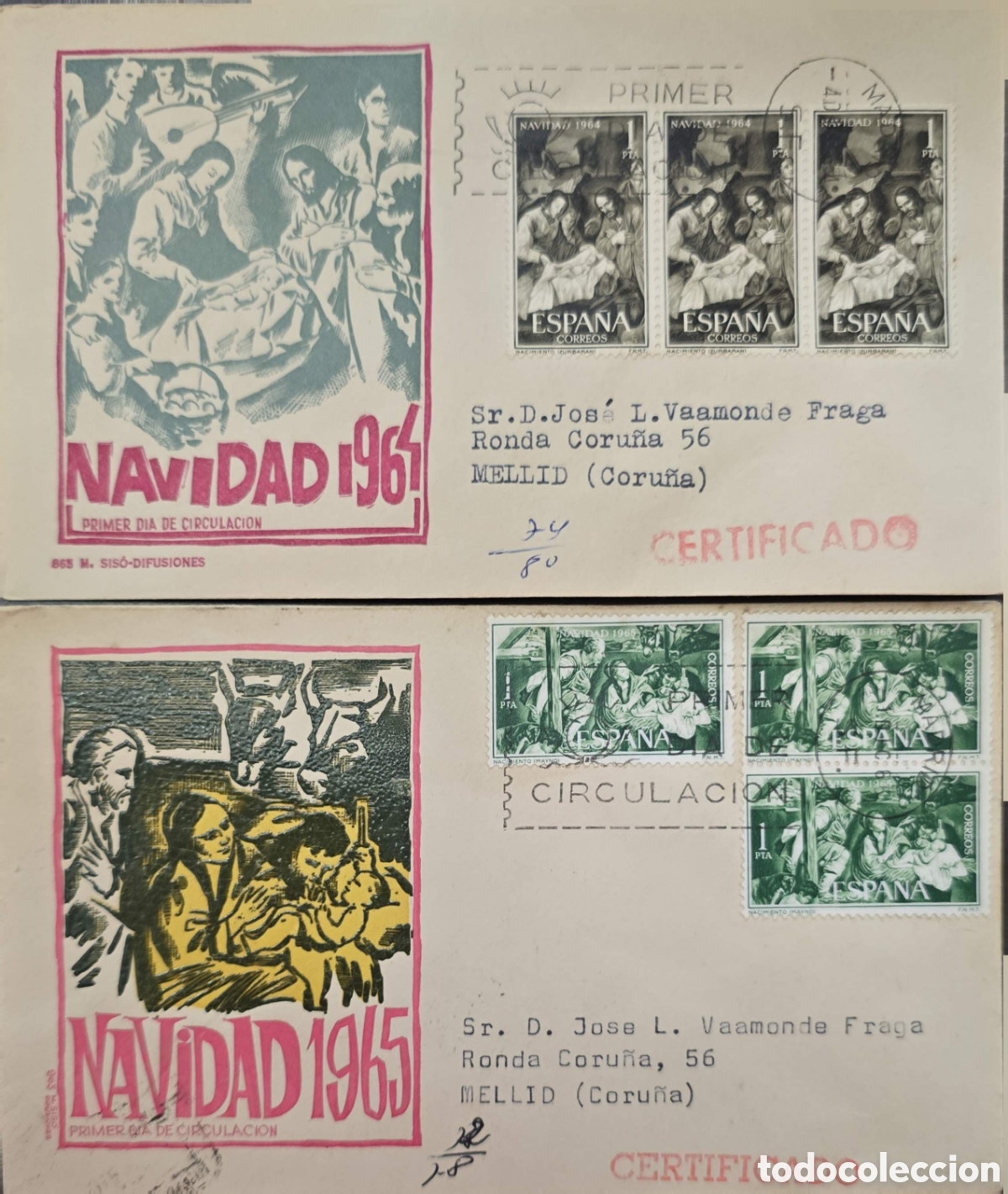 Sellos: CA)Spain + 1964&ndash;1965 + Christmas First Day Covers + Pair of Spanish certified envelopes commemoratin