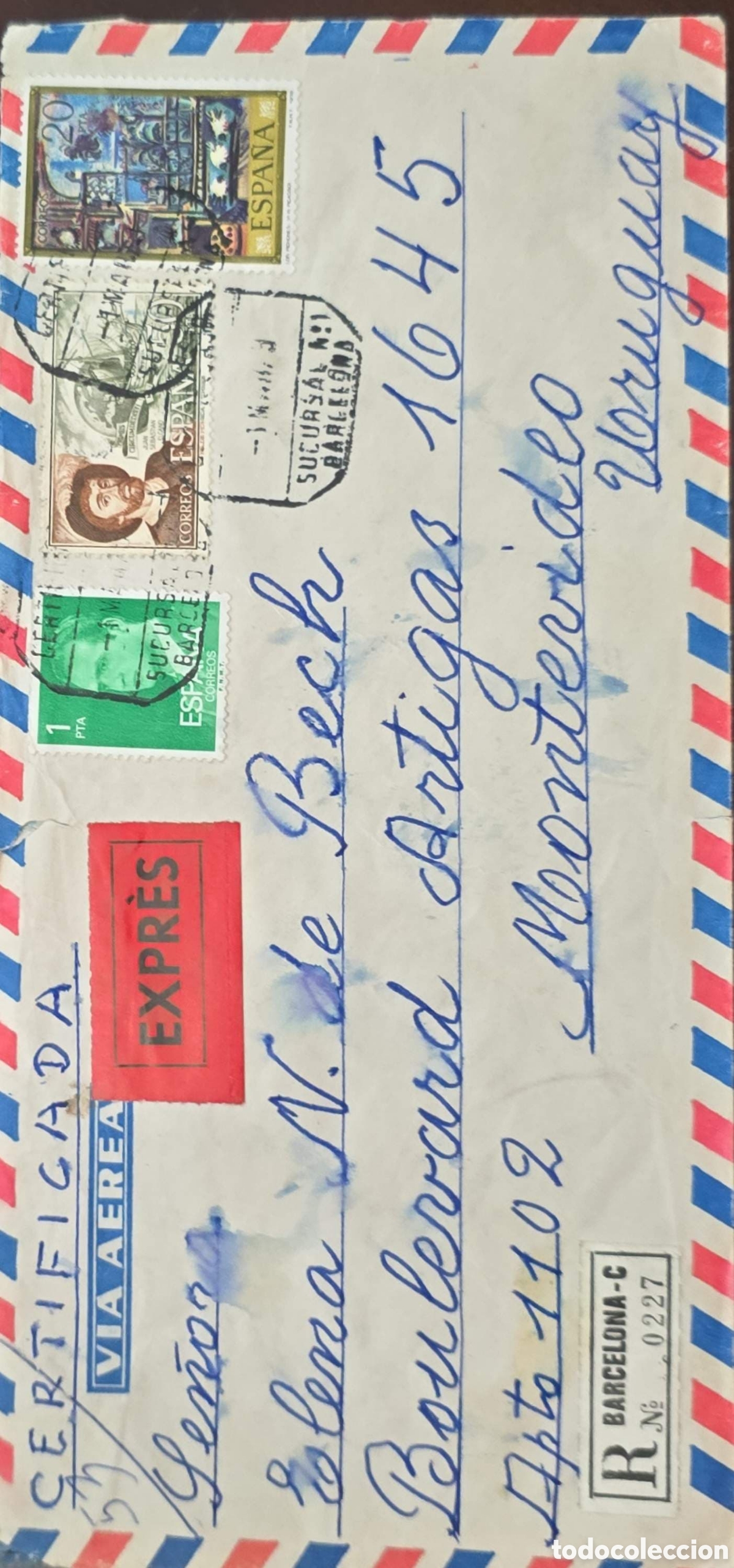 Sellos: CA)Spain + 1960s + Registered Express Airmail + Envelope from Barcelona with multiple Spanish stamps
