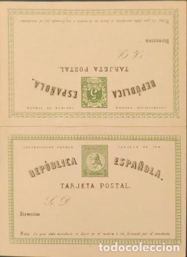Sellos: Tarjeta postal de ida y vuelta de la Rep&uacute;blica Espa&ntilde;ola (5 c&eacute;ntimos, color verde). Sin circular.