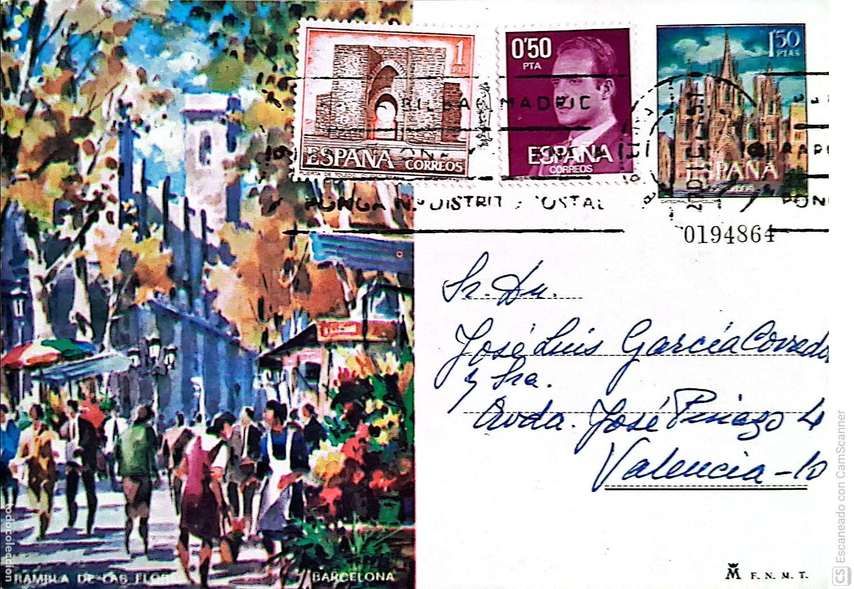 Sellos: Espa&ntilde;a. EP 101 Barcelona. Rambla de las Flores. 1973. Usado. Numeraci&oacute;n Edifil Dorso con felicitac