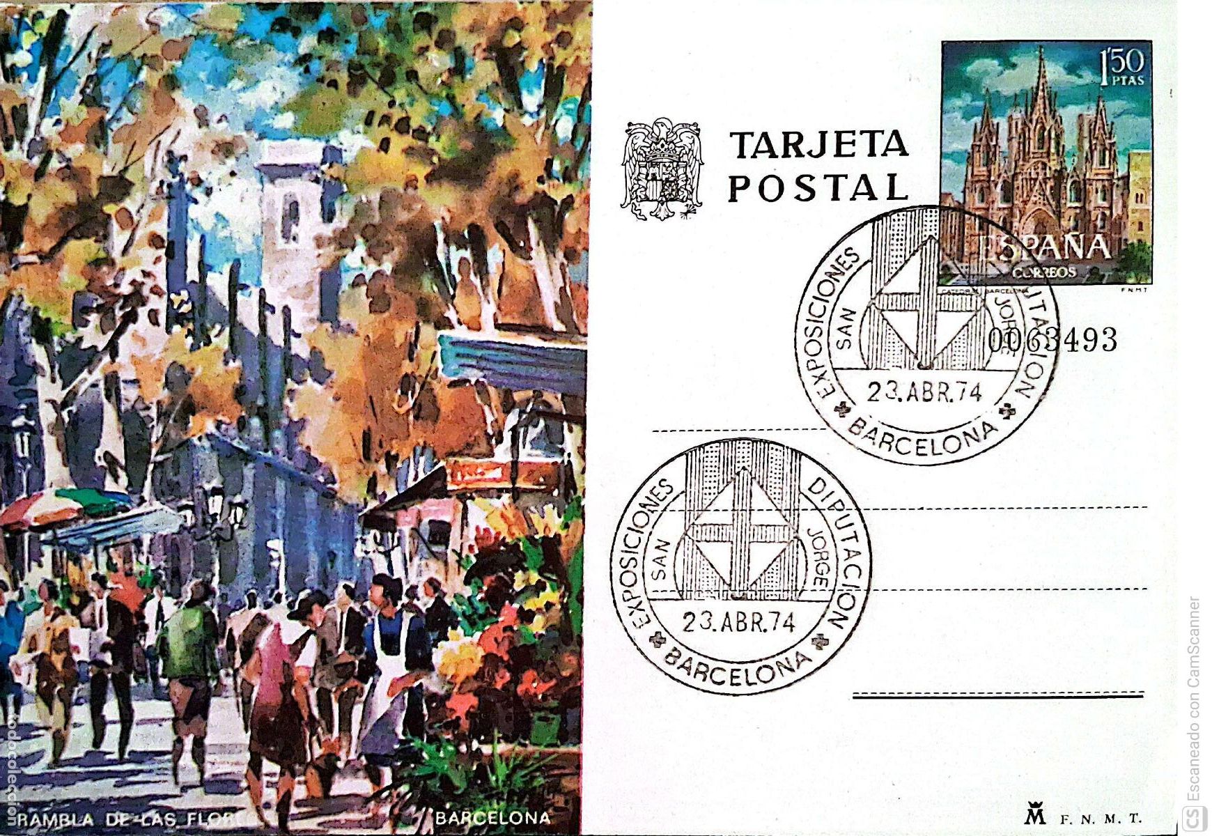 Sellos: Espa&ntilde;a. EP 101 Barcelona. Rambla de las Flores. 1973.Matasello: Exposiciones Diputaci&oacute;n. San Jorge.