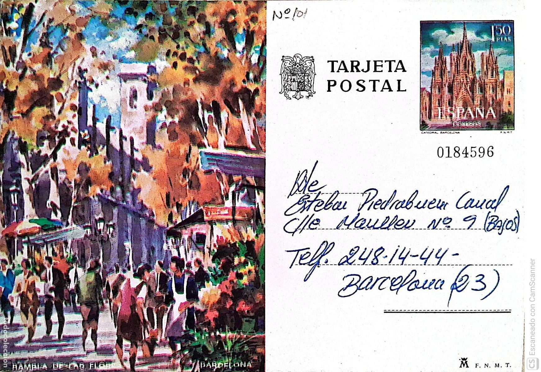 Sellos: Espa&ntilde;a. EP 101 Barcelona. Rambla de las Flores. 1973. Usado. Numeraci&oacute;n Edifil. Dorso con comunicad