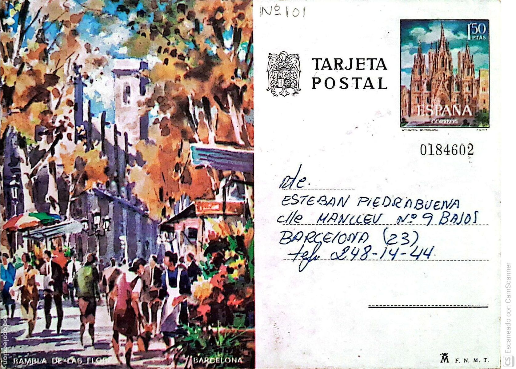Sellos: Espa&ntilde;a. EP 101 Barcelona. Rambla de las Flores. 1973. Usado. Numeraci&oacute;n Edifil. Dorso con comunicad
