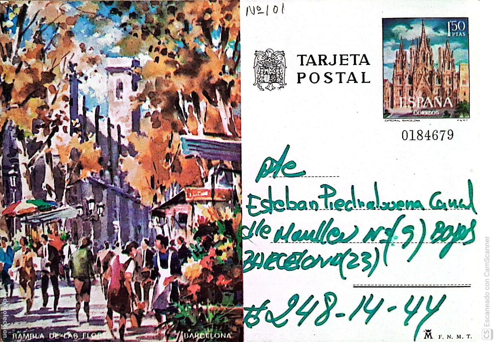 Sellos: Espa&ntilde;a. EP 101 Barcelona. Rambla de las Flores. 1973. Usado. Numeraci&oacute;n Edifil. Dorso con comunicad