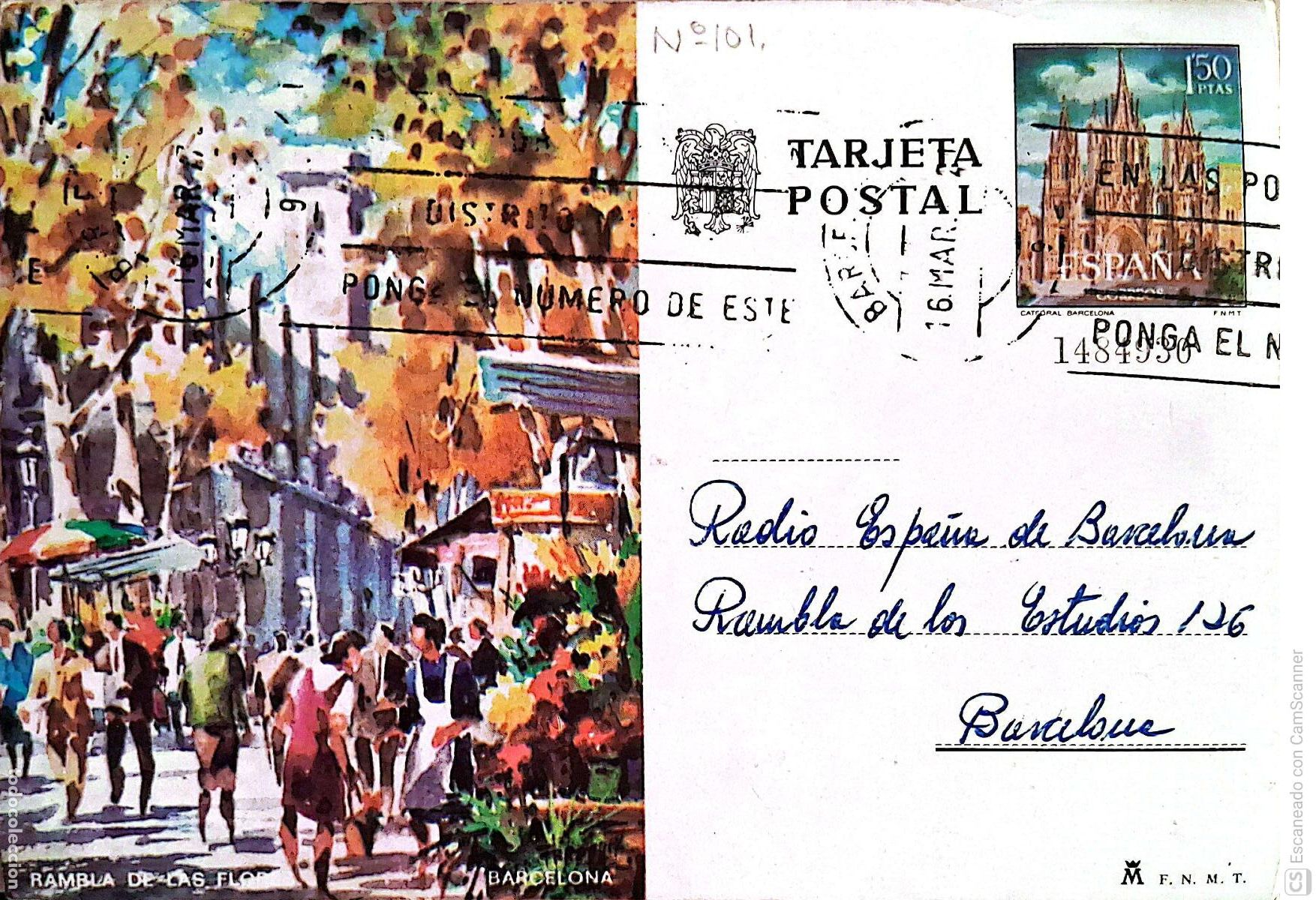 Sellos: Espa&ntilde;a. EP 101 Barcelona. Rambla de las Flores. 1973. Usado. Numeraci&oacute;n Edifil. Dorso con comunicad