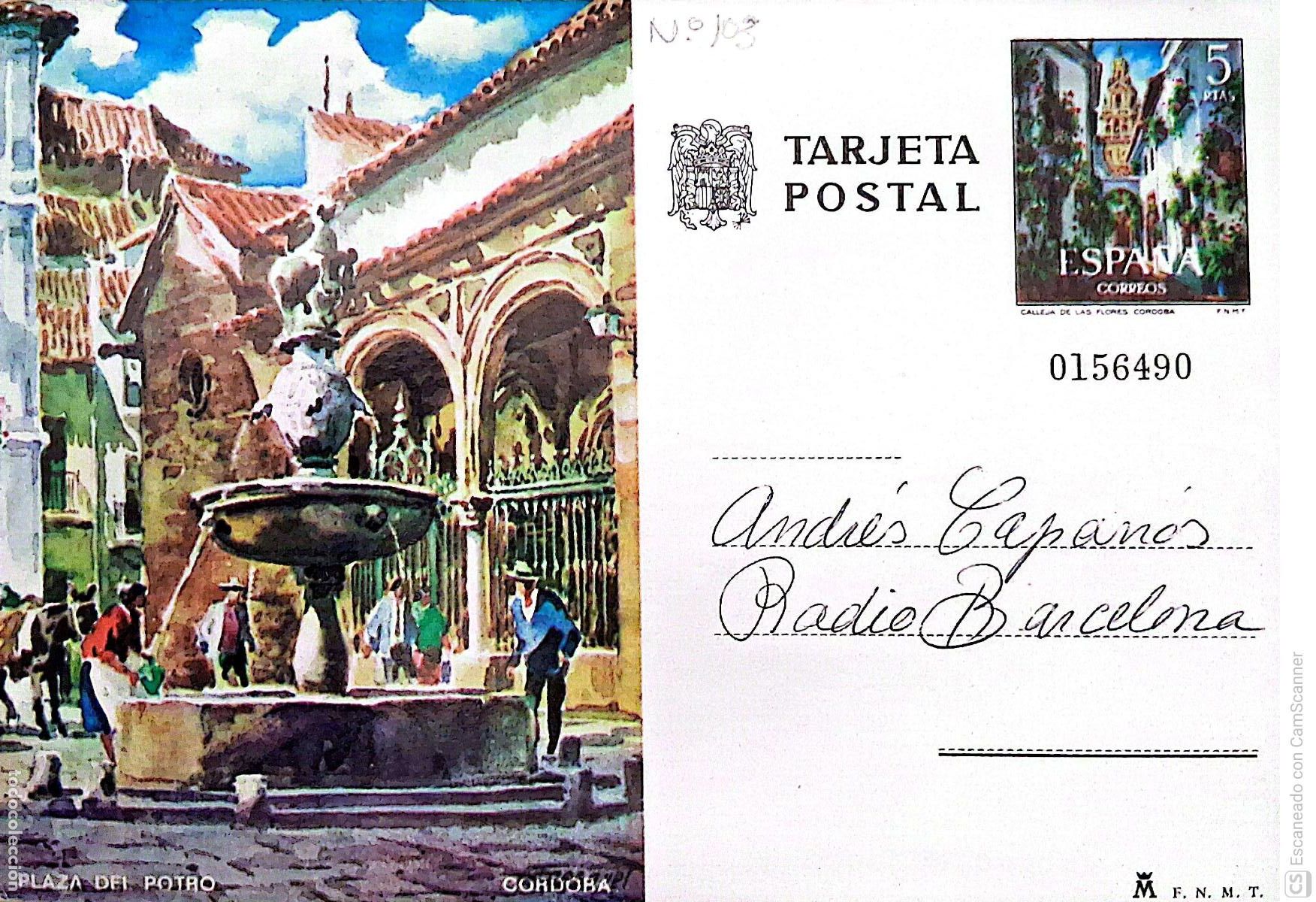 Sellos: Espa&ntilde;a. EP 103 C&oacute;rdoba: Plaza del Potro. 1973. Dorso con comunicado a Radio Barcelona es bona, con