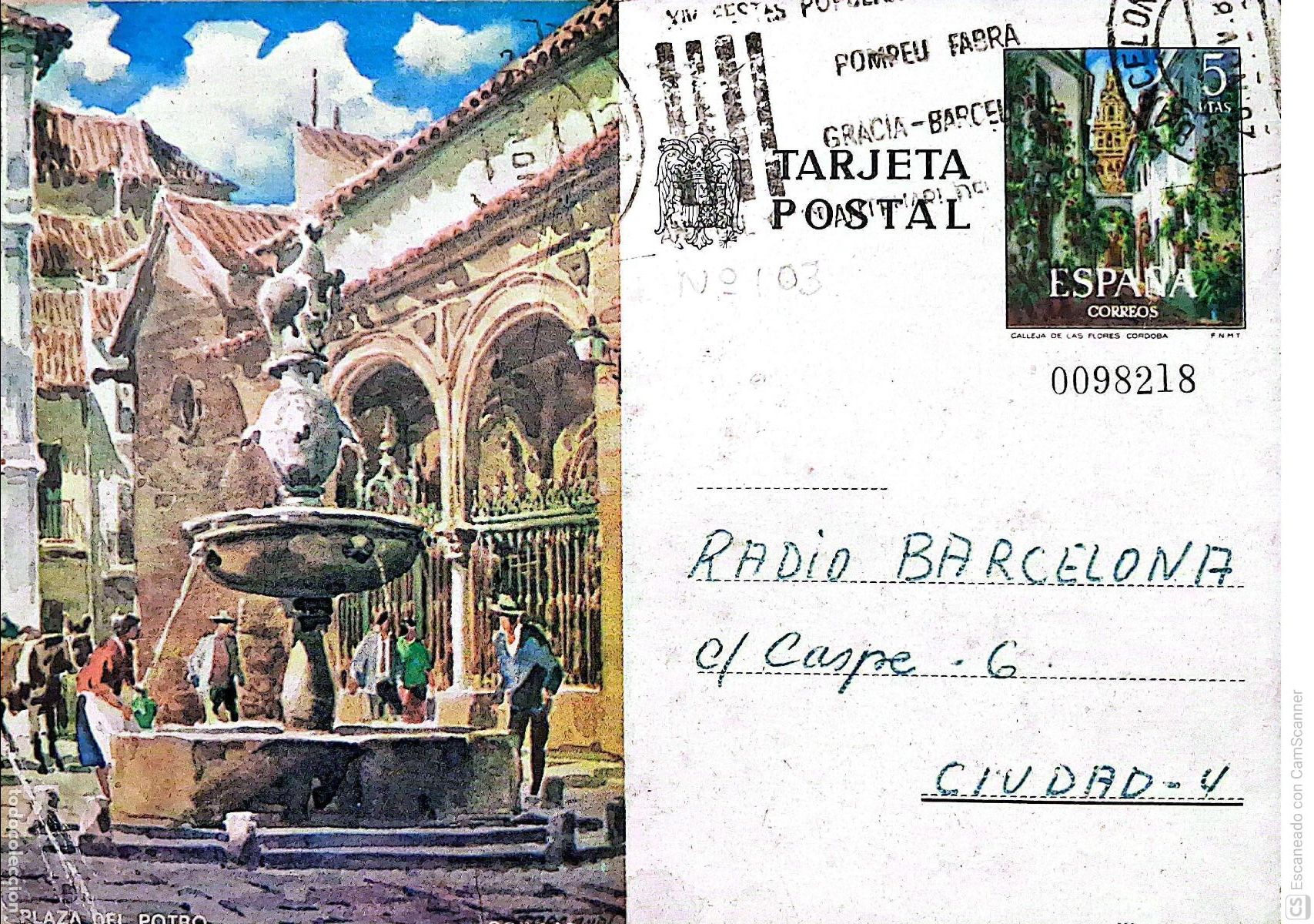 Sellos: Espa&ntilde;a. EP 103 C&oacute;rdoba: Plaza del Potro. 1973. Dorso con comunicado a Radio Barcelona es bona, con
