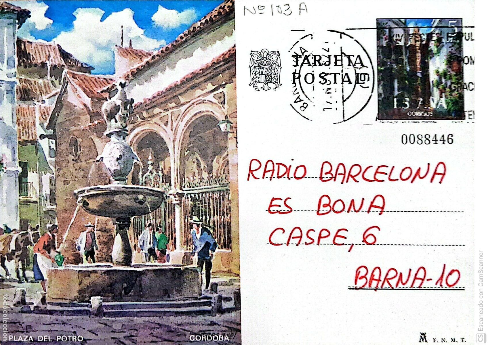 Sellos: Espa&ntilde;a. EP 103 C&oacute;rdoba: Plaza del Potro. 1973. Dorso con comunicado a Radio Barcelona es bona, con