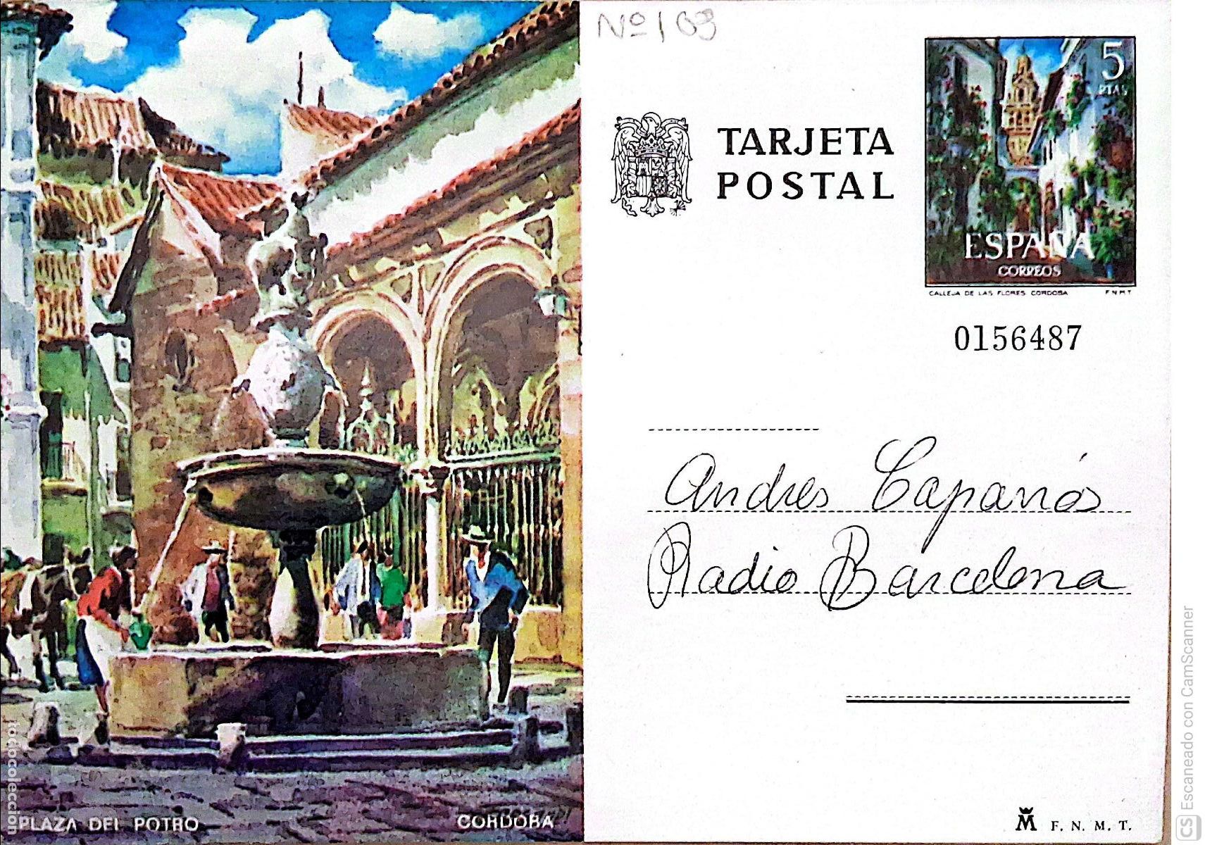 Sellos: Espa&ntilde;a. EP 103 C&oacute;rdoba: Plaza del Potro. 1973. Dorso con comunicado a Radio Barcelona es bona, con