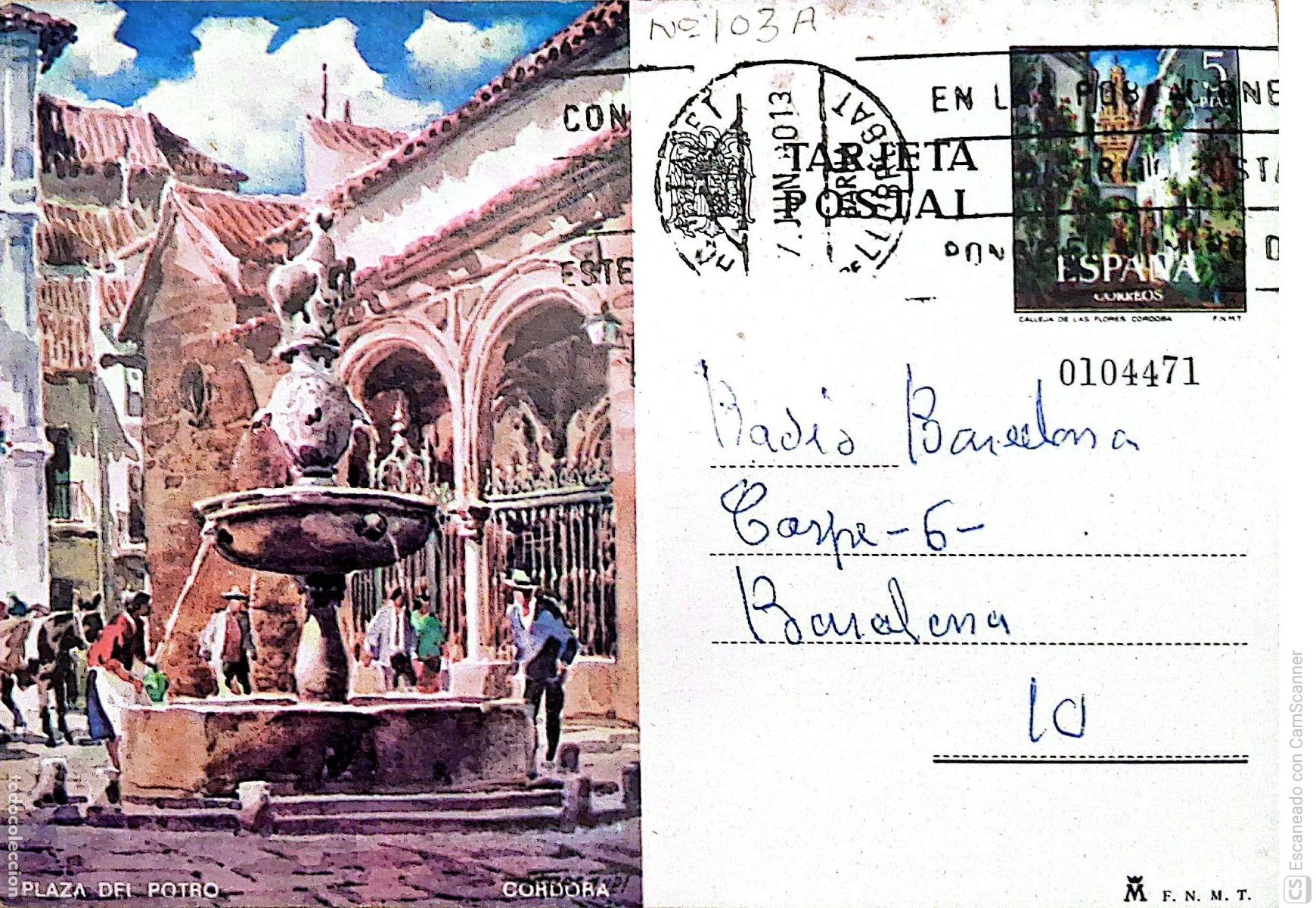 Sellos: Espa&ntilde;a. EP 103 C&oacute;rdoba: Plaza del Potro. 1973. Dorso con comunicado a Radio Barcelona es bona, con