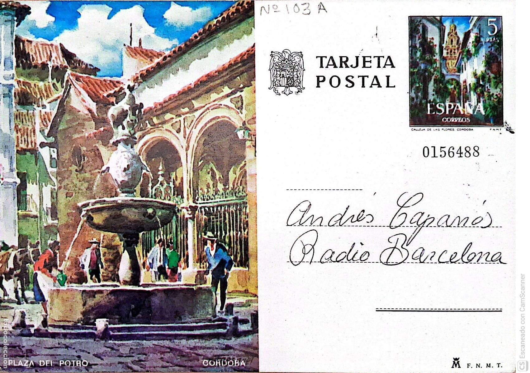 Sellos: Espa&ntilde;a. EP 103 C&oacute;rdoba: Plaza del Potro. 1973. Dorso con comunicado a Radio Barcelona es bona, con