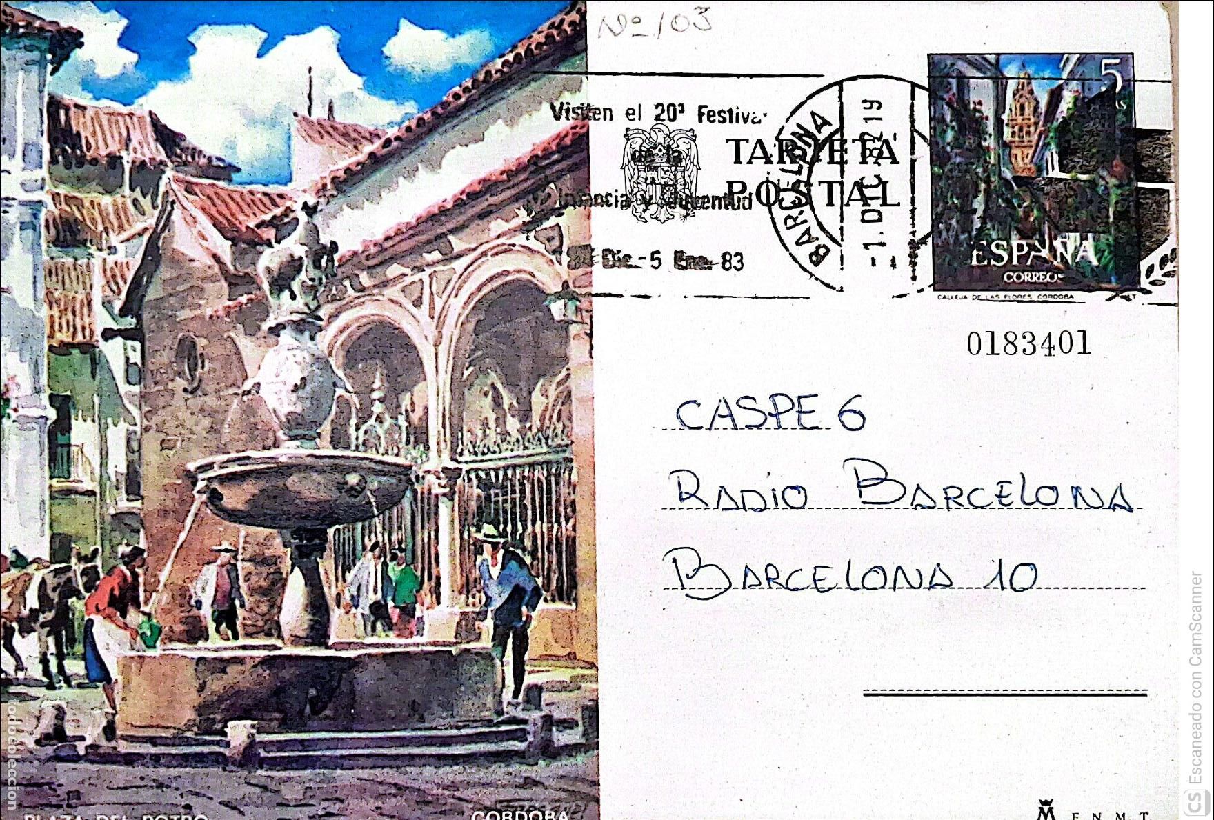 Sellos: Espa&ntilde;a. EP 103 C&oacute;rdoba: Plaza del Potro. 1973. Dorso con comunicado a Radio Barcelona es bona, con