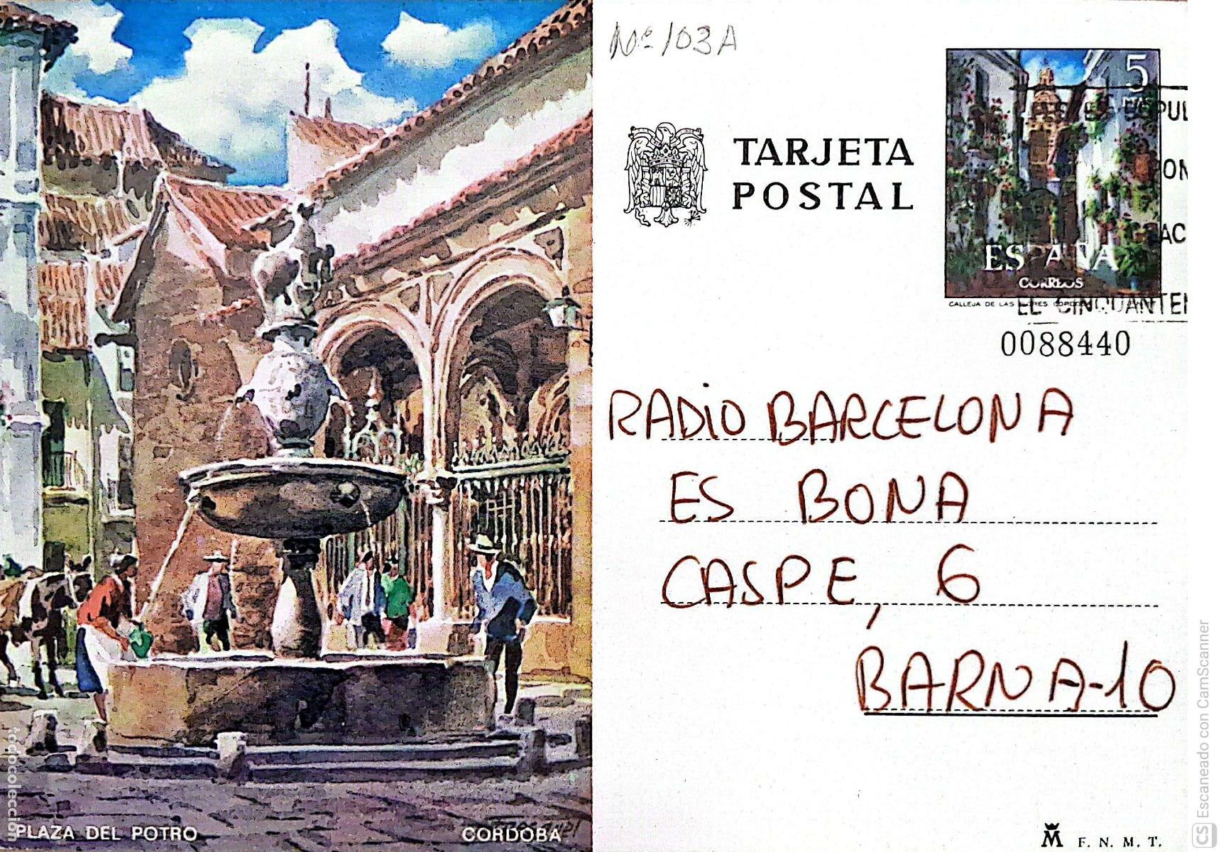 Sellos: Espa&ntilde;a. EP 103 C&oacute;rdoba: Plaza del Potro. 1973. Dorso con comunicado a Radio Barcelona es bona, con