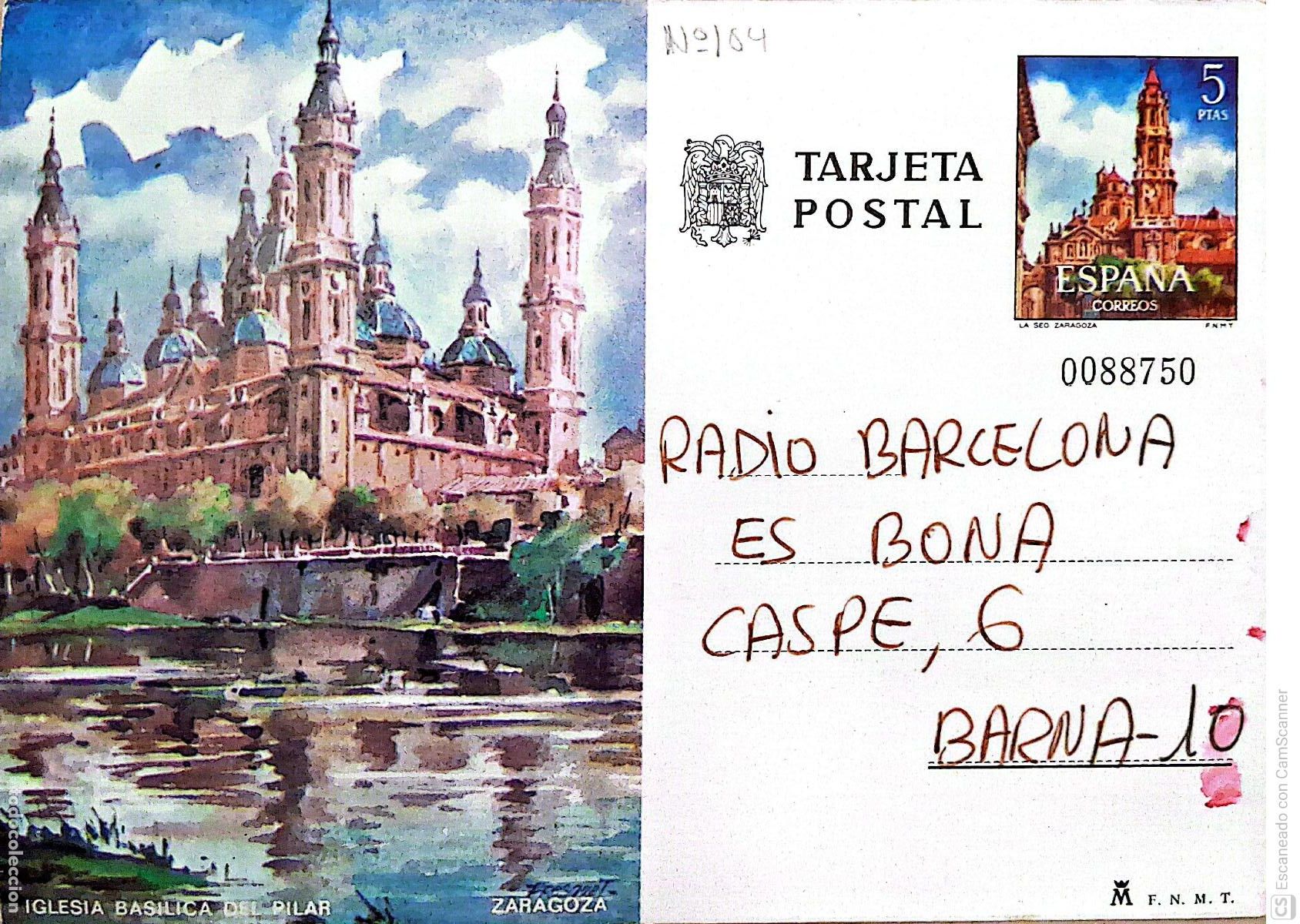 Sellos: Espa&ntilde;a. EP 104 Zaragoza: Iglesia Bas&iacute;lica del Pilar. 1973. Dorso con comunicado a Radio Barcelona