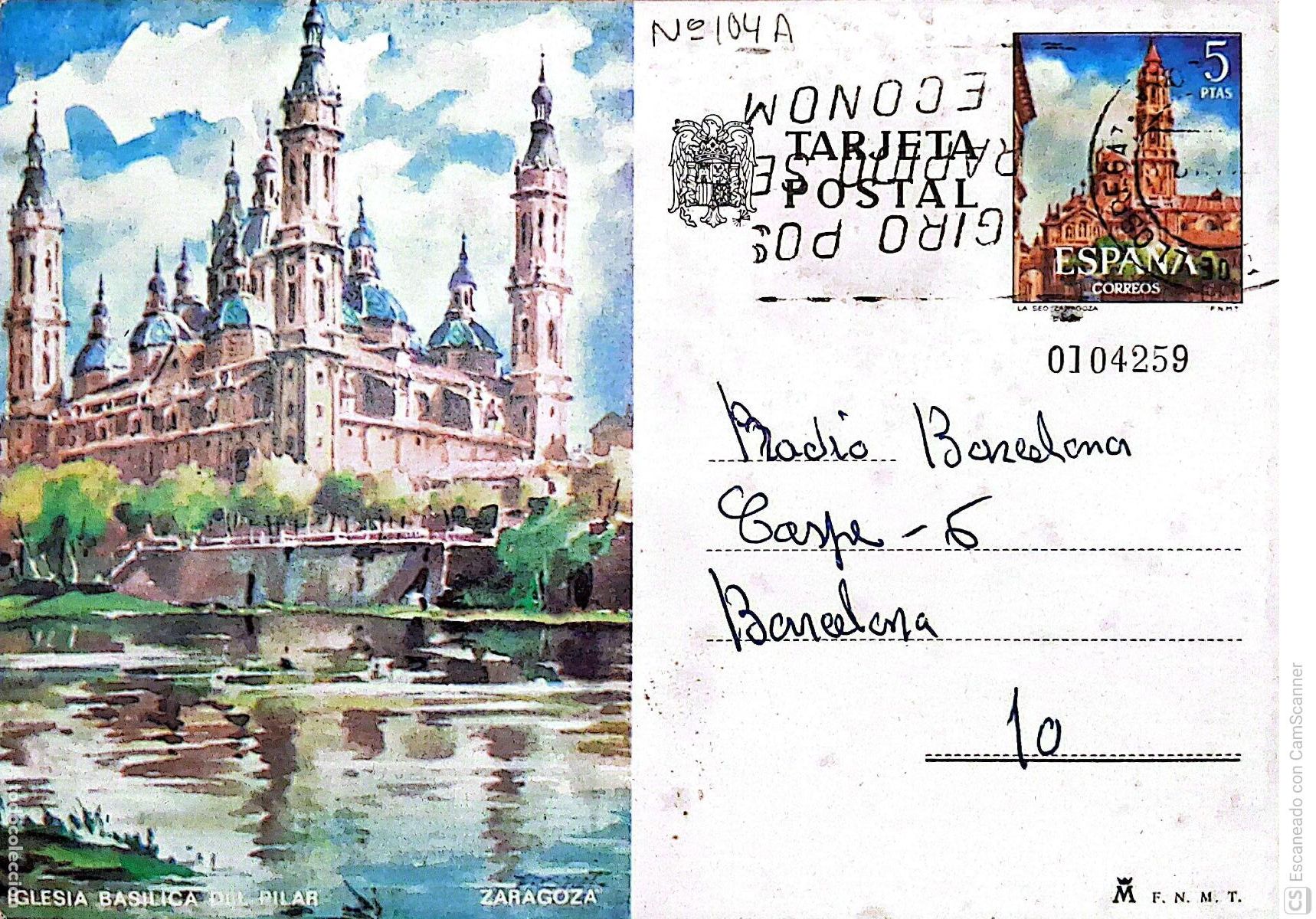 Sellos: Espa&ntilde;a. EP 104 Zaragoza: Iglesia Bas&iacute;lica del Pilar. 1973. Dorso con comunicado a Radio Barcelona