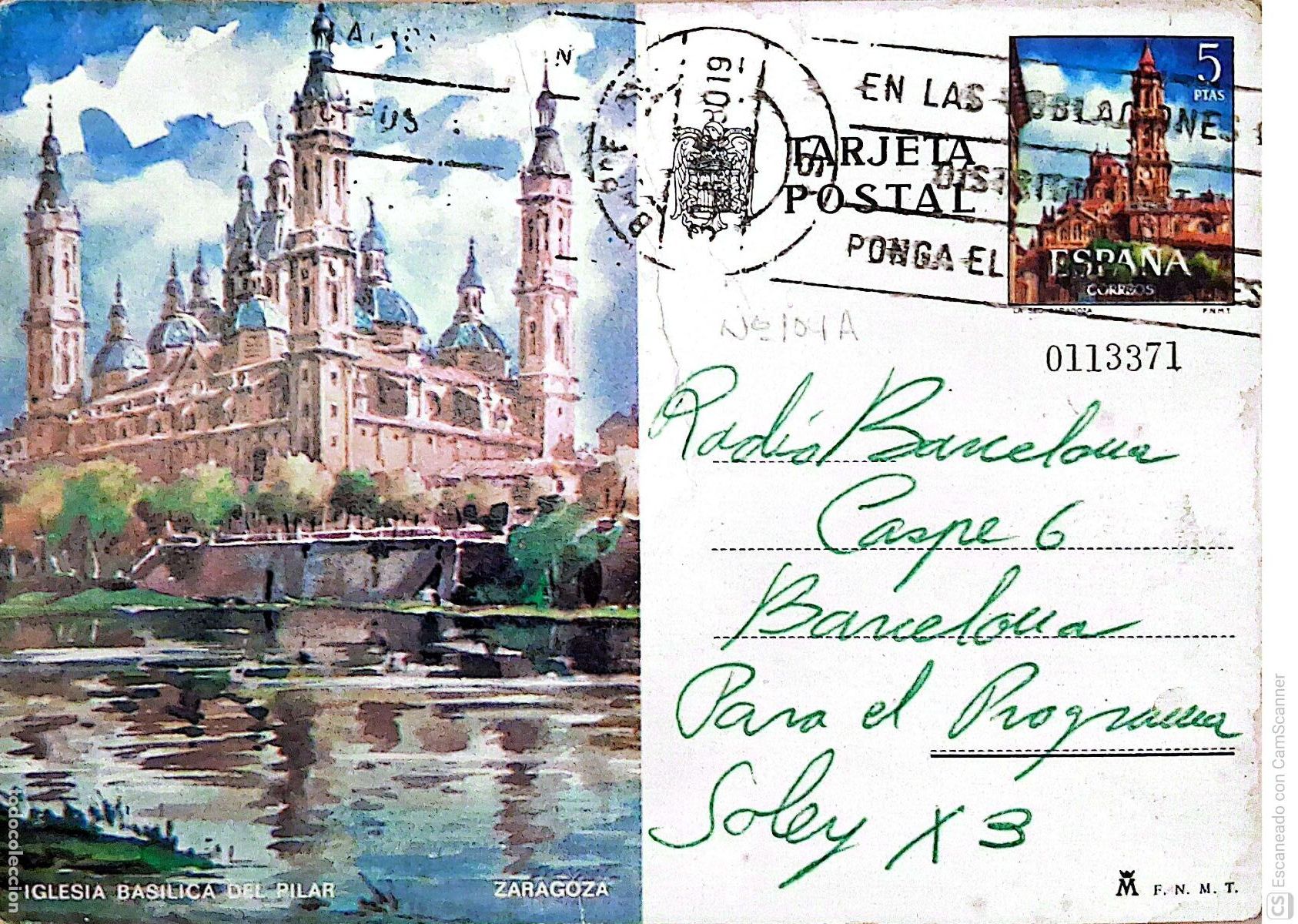 Sellos: Espa&ntilde;a. EP 104 Zaragoza: Iglesia Bas&iacute;lica del Pilar. 1973. Dorso con comunicado a Radio Barcelona
