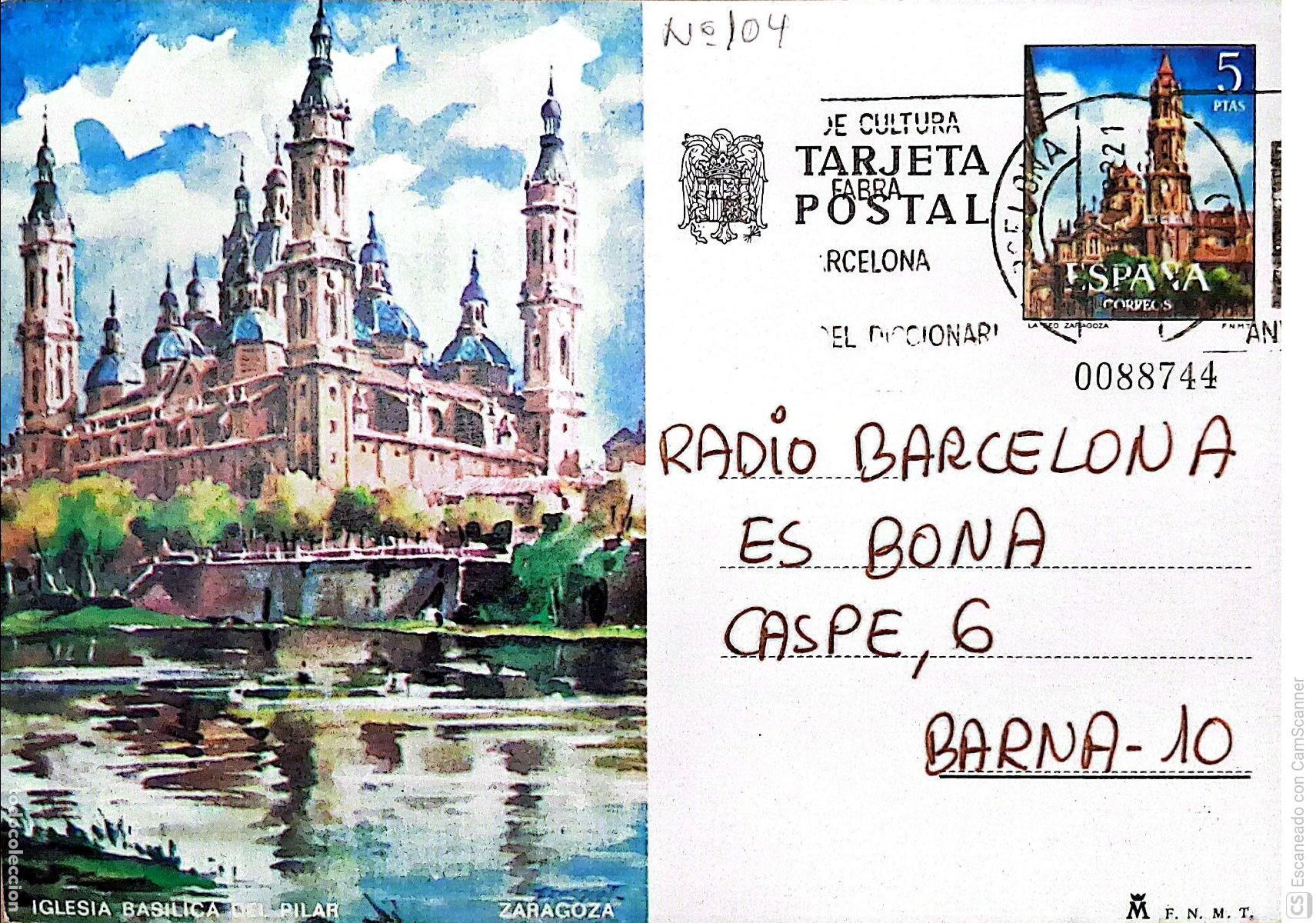 Sellos: Espa&ntilde;a. EP 104 Zaragoza: Iglesia Bas&iacute;lica del Pilar. 1973. Dorso con comunicado a Radio Barcelona