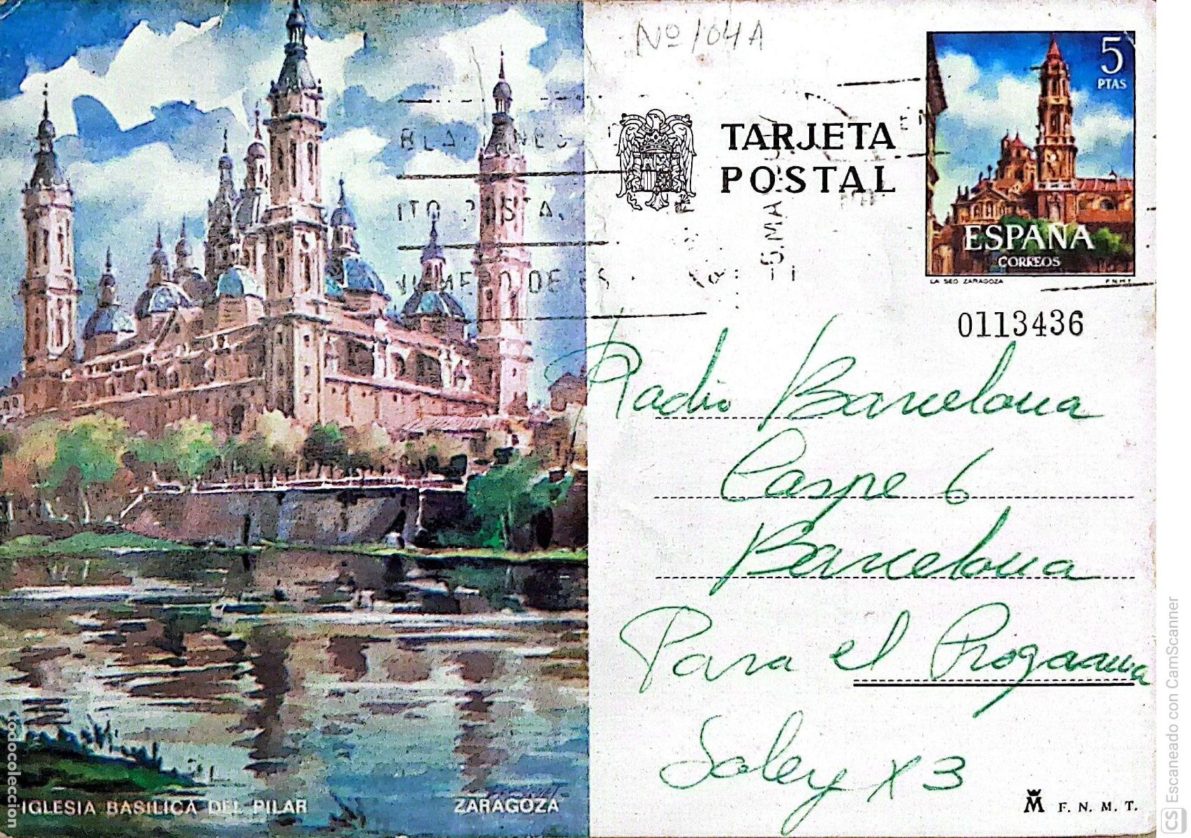 Sellos: Espa&ntilde;a. EP 104 Zaragoza: Iglesia Bas&iacute;lica del Pilar. 1973. Dorso con comunicado a Radio Barcelona