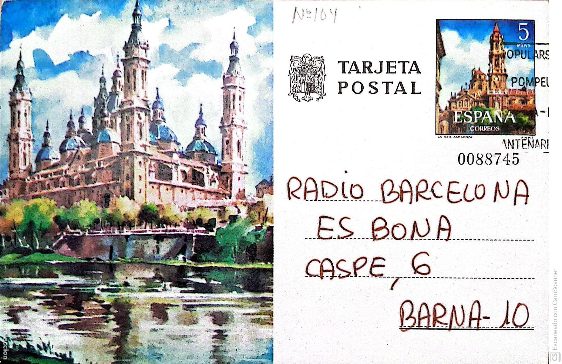 Sellos: Espa&ntilde;a. EP 104 Zaragoza: Iglesia Bas&iacute;lica del Pilar. 1973. Dorso con comunicado a Radio Barcelona