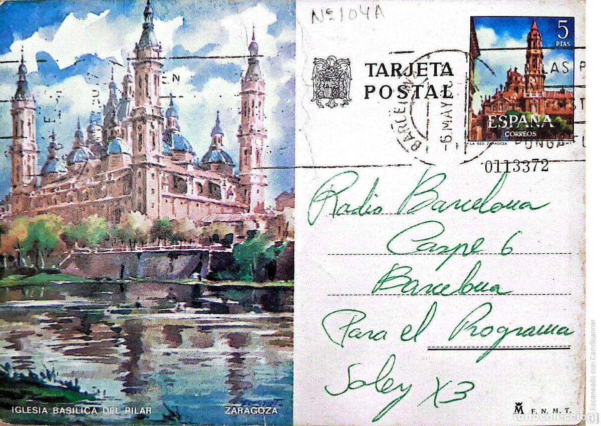 Sellos: Espa&ntilde;a. EP 104 Zaragoza: Iglesia Bas&iacute;lica del Pilar. 1973. Dorso con comunicado a Radio Barcelona