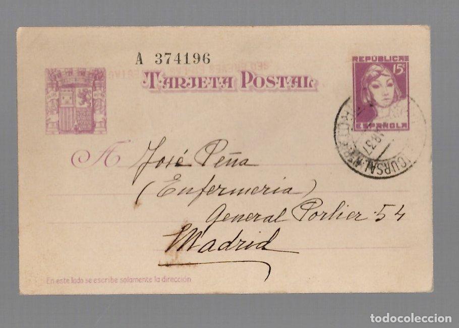 Sellos: TARJETA POSTAL REPUBLICA ESPA&Ntilde;OLA. CIRCULADA A MADRID A&Ntilde;O 1937