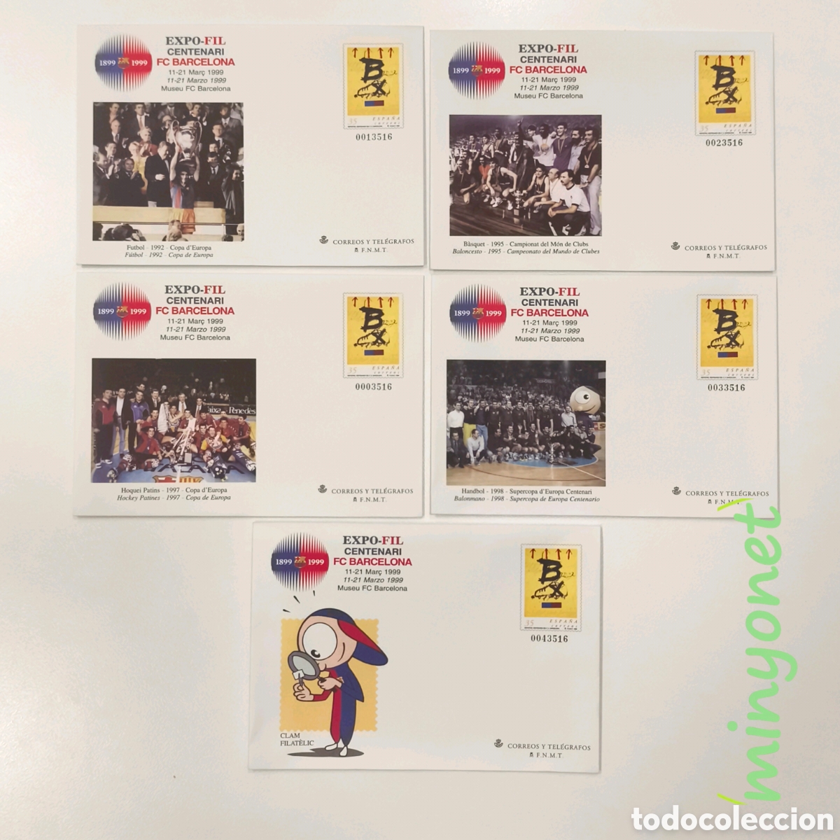 Sellos: 5 sobres Entero postales 56 de 1999 centenario F.C. Barcelona - Bar&ccedil;a