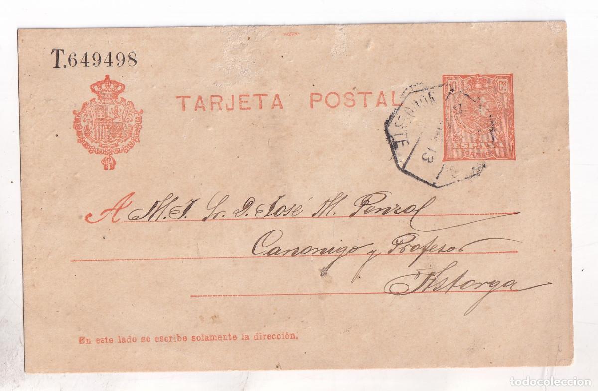 Sellos: TARJETA ENTERO POSTAL. PONFERRADA. AMBULANTE NOROESTE. 1913. A UN CAN&Oacute;NIGO DE ASTORGA. LE&Oacute;N