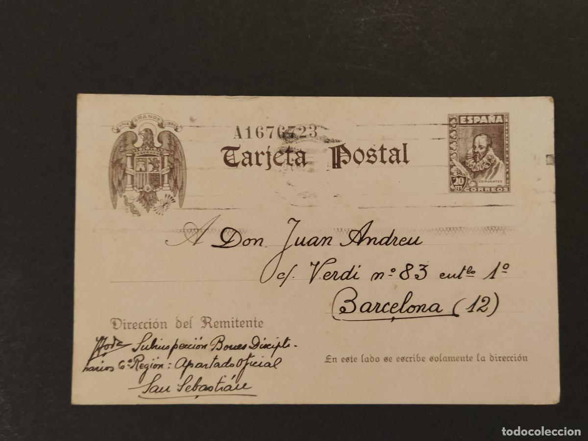 Sellos: ESPA&Ntilde;A - POS GUERRA CIVIL - ENTERO POSTAL A&Ntilde;O 1941 -DE SAN SEBASTIAN A BARCELONA-MILITAR-(116.601)