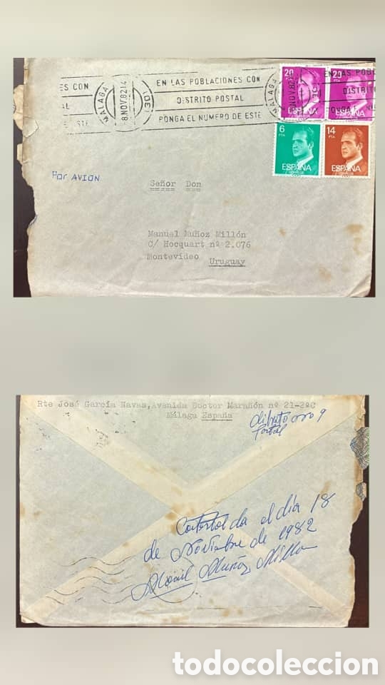 Briefmarken: CA) Spain (sent to Uruguay) 1982 (based on the November 8, 1982 M&aacute;laga postmarks and handwritten rec