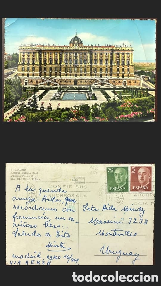 Sellos: CA)Spain, 1961, Royal Palace Postcard. Colorized postcard depicting the Palacio Real de Madrid with