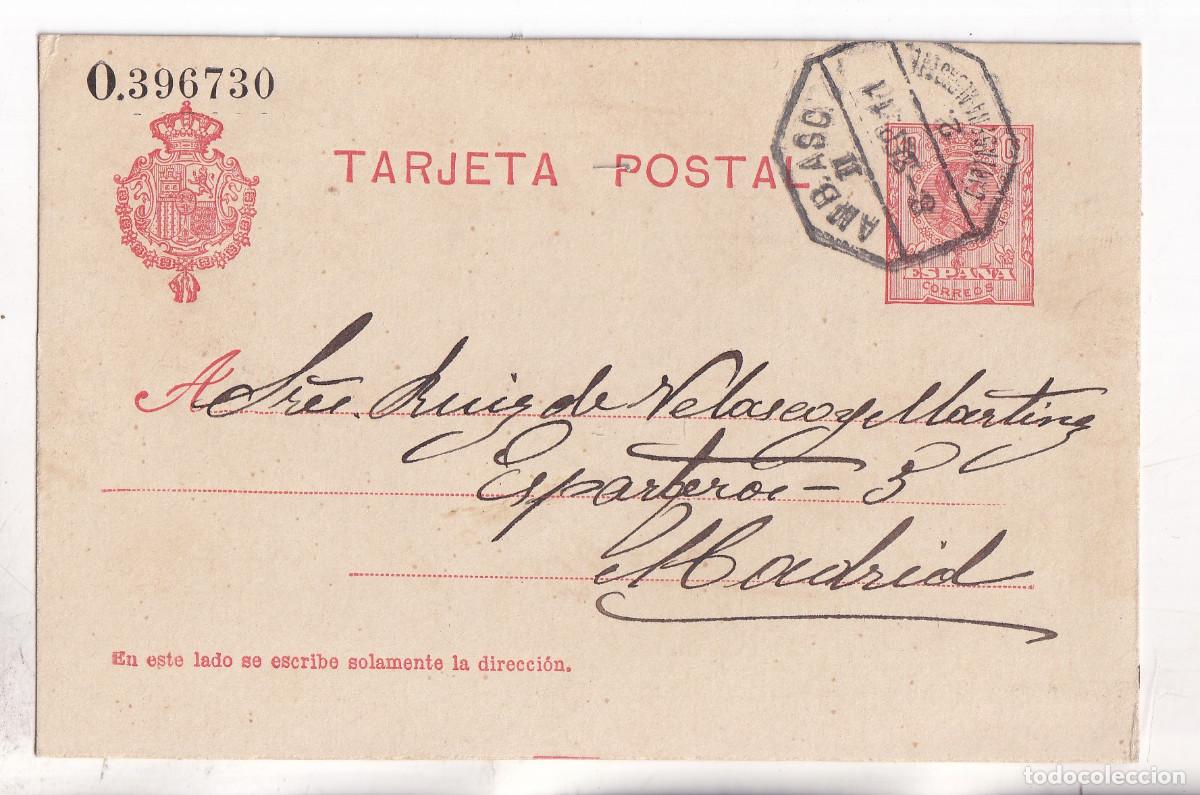 Sellos: TARJETA ENTERO POSTAL. AMBULANTE CARTAGENA ALBACETE. 1911. A MADRID