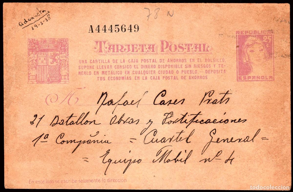 Sellos: Alicante - Edi o EP 78N - Entero postal fechado en Adzaneta 19/05/38&rdquo; circulado