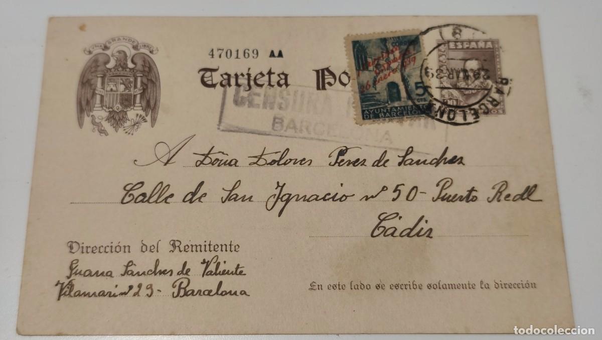Sellos: CENSURA MILITAR BARCELONA - 1939 ENTERO POSTAL SELLO AYUNTAMIENTO BARCELONA SOBRECARGADO -FOTOS AD.