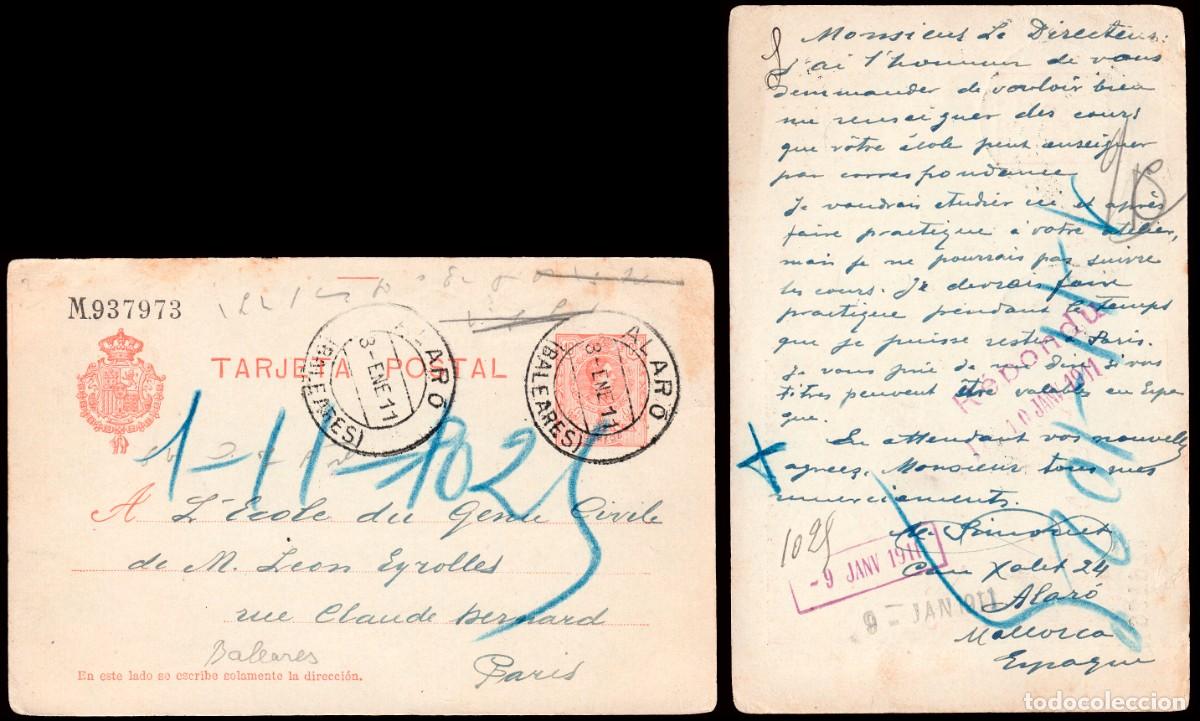 Sellos: Baleares - Edi o EP 49 - Entero postal Mat &rdquo;Alaro 03/En./11&rdquo; a Par&iacute;s
