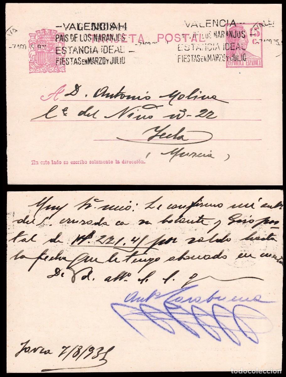 Sellos: Alicante - Edi o EP 69 - Entero postal fechado &rdquo;J&aacute;vea 7/8/35&rdquo; - Mat rodillo &rdquo;Valencia 7/08/35 - Pa&iacute;s